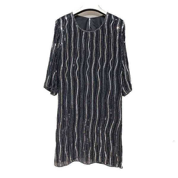 

women's clothing casual dresses mrs. kuo dignified nail bead sequin chiffon casual fashion medium sleeve stripe women's thin dress, Black;gray