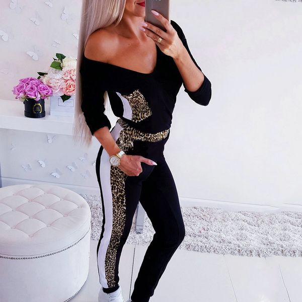 Bolso leopardo jumpsuits casuais mulher retalhos de manga comprida streetwear outono preto magro jumpsuits profundamente pescoço branco mulheres macacão 210507