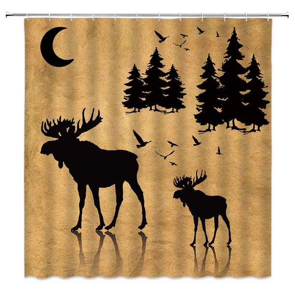 

moose shower curtain vintage animal mom and kid with forest moon landscape decor rustic concept art,fabric bathroom set hooks