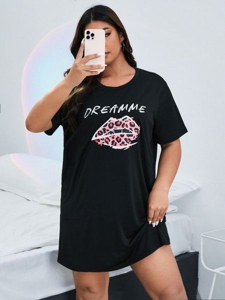 

plus lip & letter graphic night dress g7ne#, Black;white