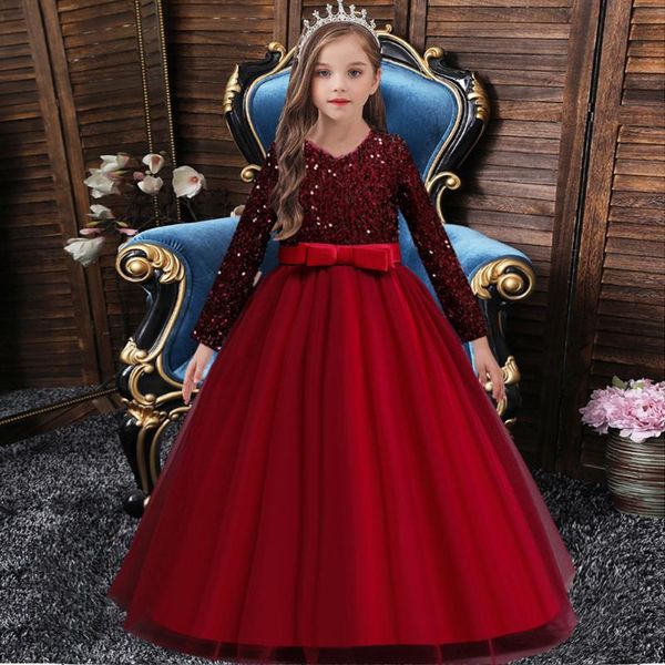 

spring autumn baby girl children dresses sequined children's elegant satin bowknot formal sweet princess dress girl's, Red;yellow