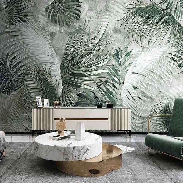 Sfondi Murale personalizzato Carta da parati 3D Pianta tropicale Foglia verde Linea Soggiorno TV Sfondo Muro Decorazioni per la casa Papel De Parede Po Murales