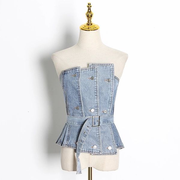 

european and american street style off-shoulder tube waist denim vest, White