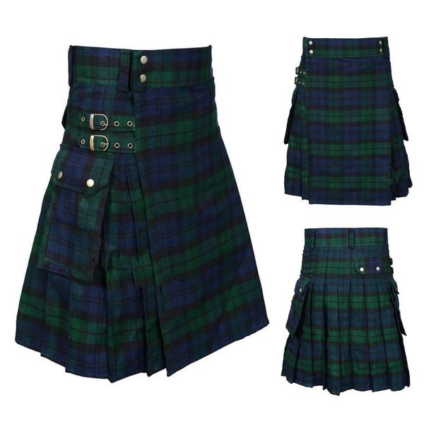 

men's pants men trousers fashion scottish style plaid contrast color pocket pleated skirt casual, Black