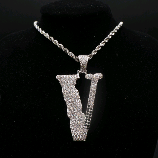 

pendant necklaces letter v necklace men's jewelry micro-zircon explosion hip-hop accessories fashion, Silver