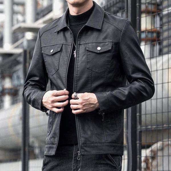 

men's leather & faux trend fashion 2021 spring and autumn korean slim short pocket casual jacket motorcycle 4xl 5xl, Black