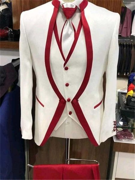

men's suits & blazers arrival men ivory and dark red groom tuxedos mandarin lapel groomsmen 3 pieces set ( jacket + pants vest tie) d38, White;black