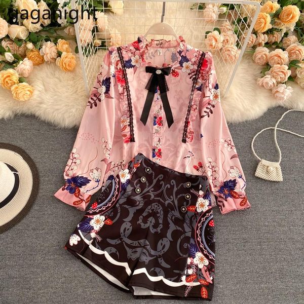 

women's tracksuits gaganight fashion women 2 pieces set long sleeve chic flower shirt high waist short girls elegant suit lady outfits, Gray