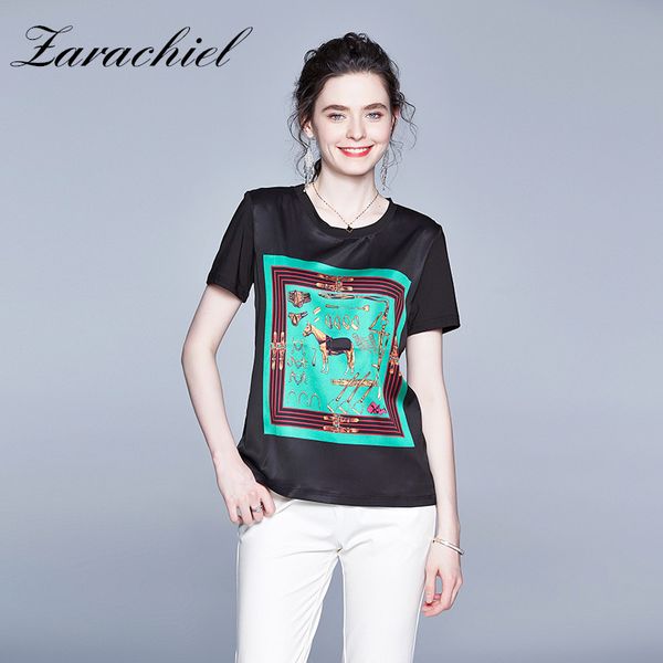 Yaz Kadın Rahat Baskı Patchwork Saten Gömlek Moda Tops Tees Rayon T-Shirt Gevşek O-Boyun Kısa Kollu Tişörtleri 210416