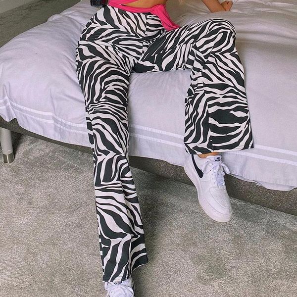 

women's pants & capris fashion autumn street retro water ripple print long women slim high waist flare pant harajuku all-match casual t, Black;white