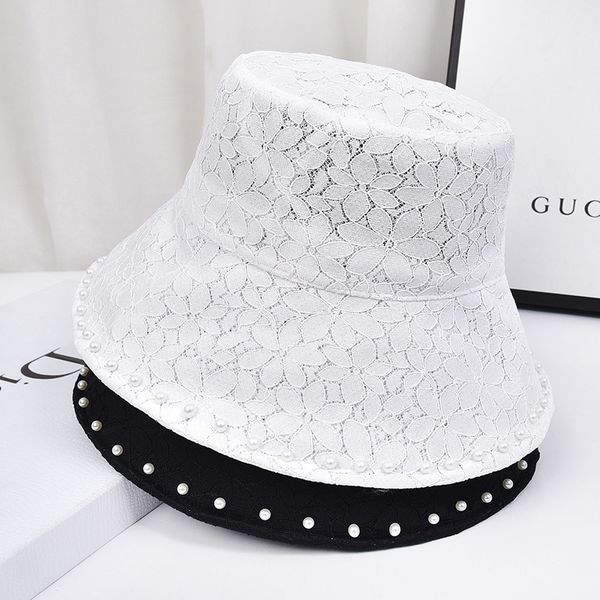 

hat girl summer korean fashion with new lace fisherman's pearl sun visor basin hat, Blue;gray