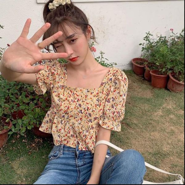 

floral print square collar women blouses summer short sleeve sweet casual, White