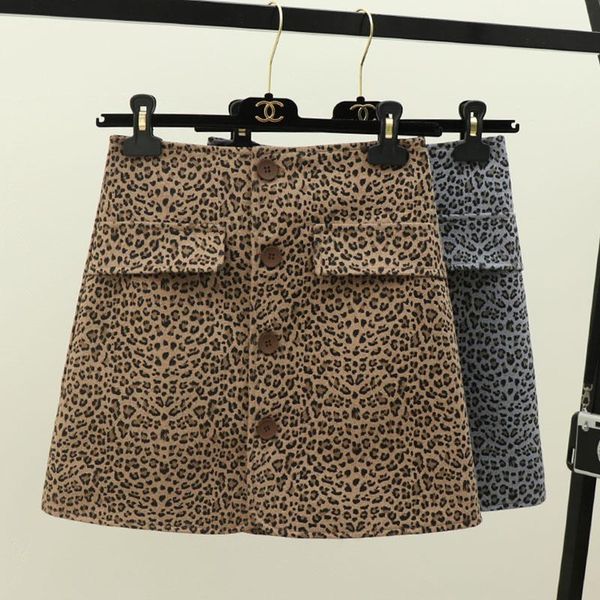 

skirts woolen skirt leopard streetwear a-line front single breasted mid-calf length empire waist autumn winter 2021, Black