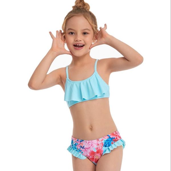 

2pcs girls suits two-piece swimwear bathing suit spaghetti strap bikini +flower print ruffle swimming briefs swimsuit outfit one-pieces, Black