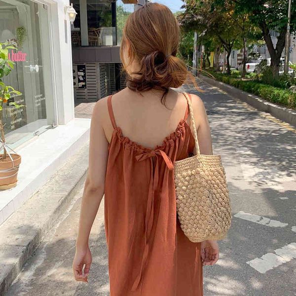 

casual dresses south korea chic summer gentle design back hollow drawstring lace loose long split suspender sbi2, Black;gray