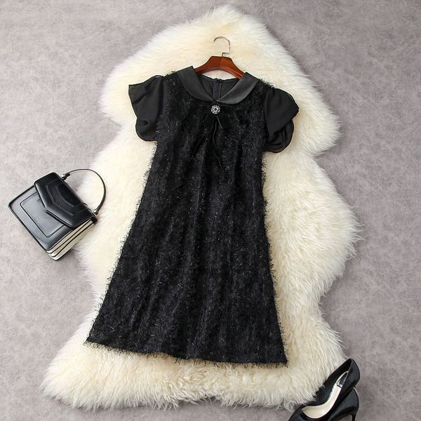 

casual dresses spring summer short sleeve peter pan neck black shine ribbon bow tassel panelled knee-length dress elegant 21m2511992 9isp, Black;gray