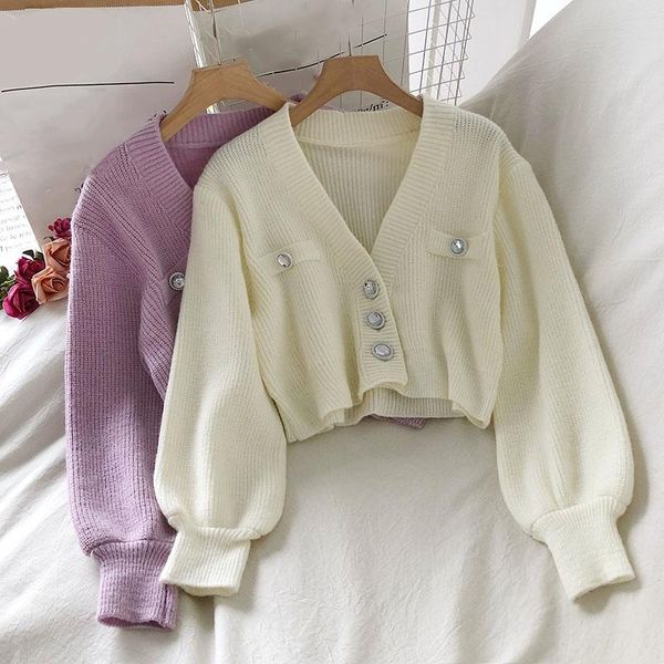 

women's knits & tees autumn korean women v-neck knitted sweater cardigan long sleeve loose ladies casual single breasted short style su, White