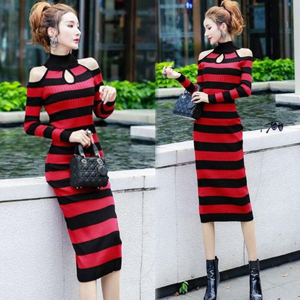 

women 2021 autumn winter long sleeve slim dresses female knitted mod-long striped dress ladies half turtleneck vestidos m357 casual, Black;gray