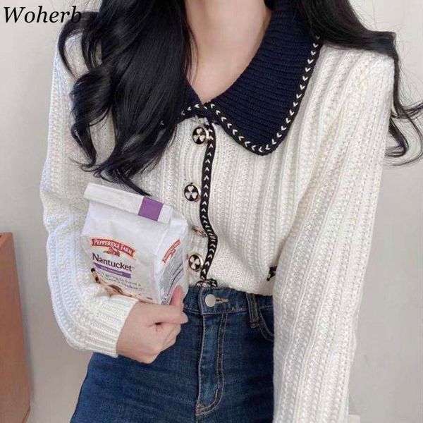 

sweet peter pan collar cardigan women korean chic ol single breasted contrast color sweaters pockets outwear jupmer 210417, White;black