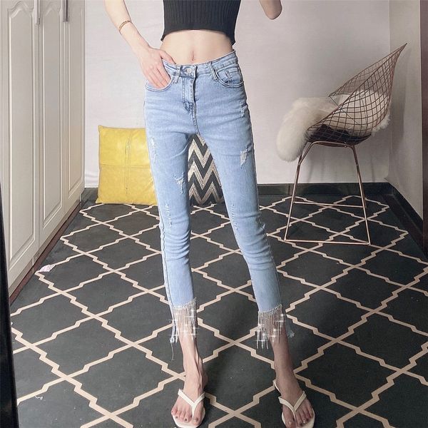 

kog382 light blue heavy hammer drill tassel new female spring summer high waist jeans show joker pencil pants stretch feet pa