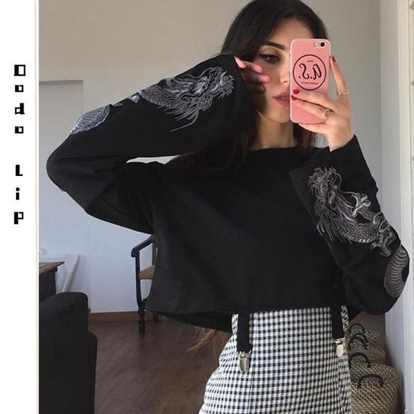 

vintage gothic costume crop women pullover hip hop outfit clothes punk street wear dragon long sleeve black 2021 autumn women's hoodie