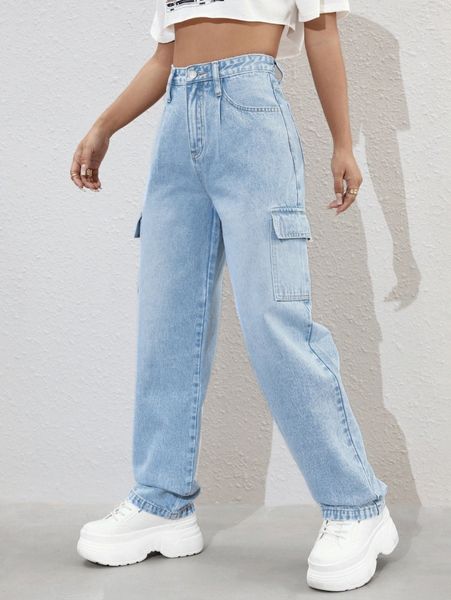 

high waist flap pocket cargo jeans x4uh#, Blue