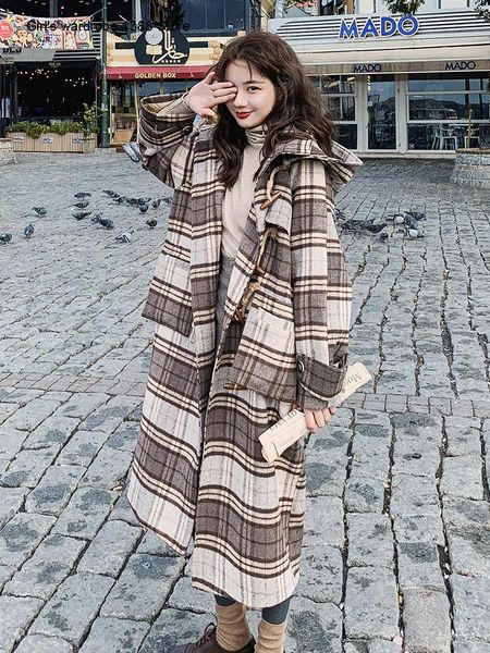 

women's wool & blends horn button woolen coat small korean version loose fall winter 2021 temperament plaid fashion, Black