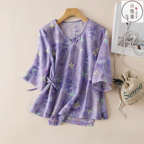 

women's blouses & shirts 2021 arrival summer arts style women loose v-neck half sleeve blouse floral print purple cotton linen casual p, White
