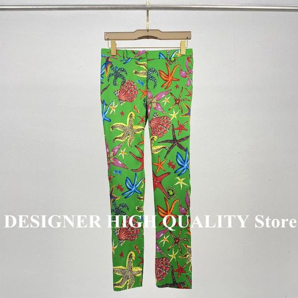 

women's pants & capris novelty streetwear jewelry starfish shell print green women mid waist luxury designer zipper straight split hem, Black;white