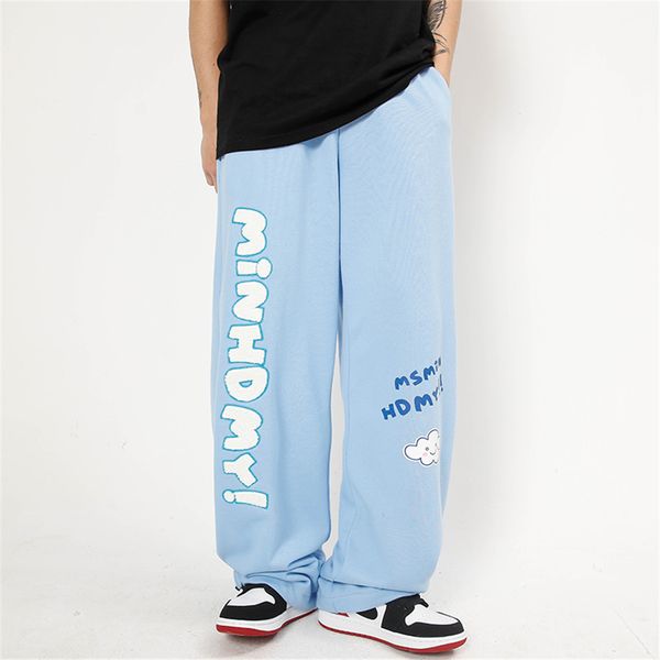 

pants fashionable the brand letter embroidered casual men's summer street trend loose straight drawstring leggings, Black