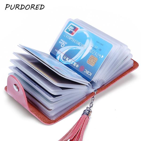 

card holders purdored 1 pc 20 slots genuine leather holder for women tassel business cards case minimalist wallet id bag tarjetero, Brown;gray