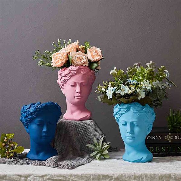 Statua greca Dea Vasi da fiori Testa Vaso retrò Accessori per la decorazione della casa Ornamento Decorativo da tavolo 210610