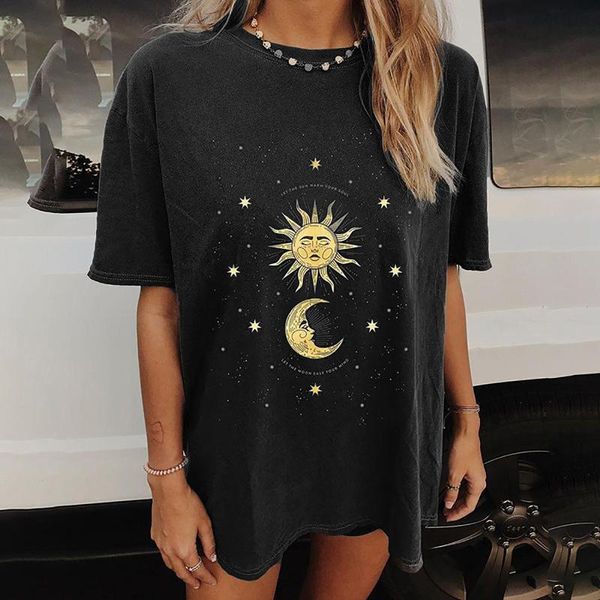 

women's t-shirt female tee summer 2021 vintage sun and moon printed pattern oversized casual short sleeve women clothing, White