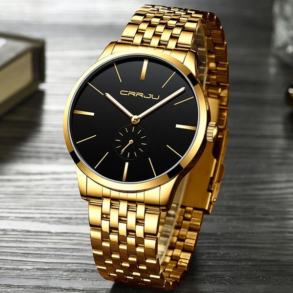

wristwatches crrju luxury watch men business sports mens quartz gold stainless steel waterproof automatic date relogio masculino, Slivery;brown