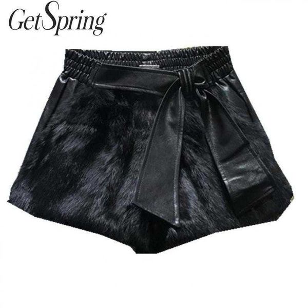 

getspring women short bow fur patchwork pu leather shorts black high waist wide leg autumn winter fashion 210601, White;black