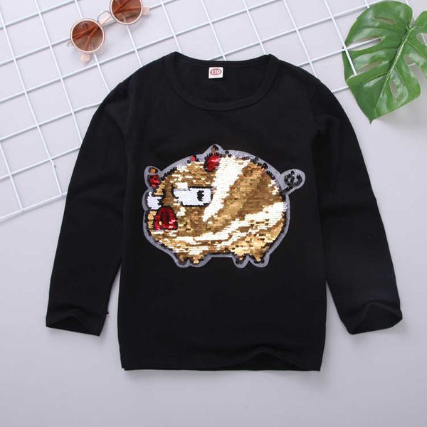 

spring cotton kids girls t shirt tees casual fashion long sleeve change color sequin t-shirt children clothes girl 210713, Black
