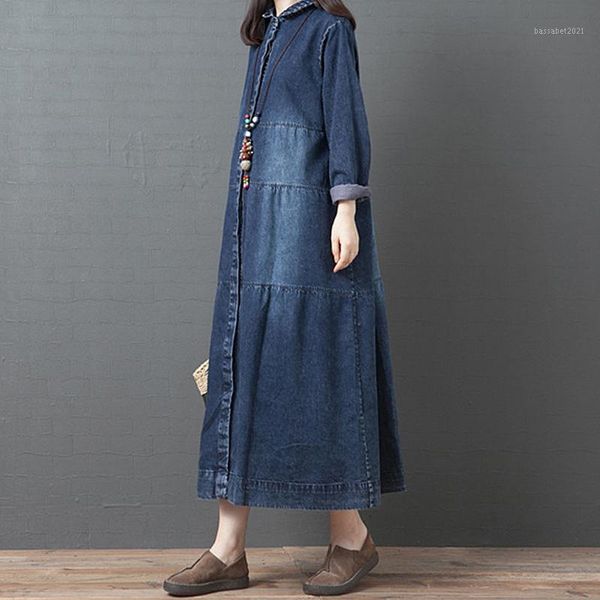 Casual Kleider Herbst Japanische Koreanische Lose Kleid Nähen Feste Farbe Denim Revers Lange Hülse Plus Größe Weibliche Kleidung Vestidos