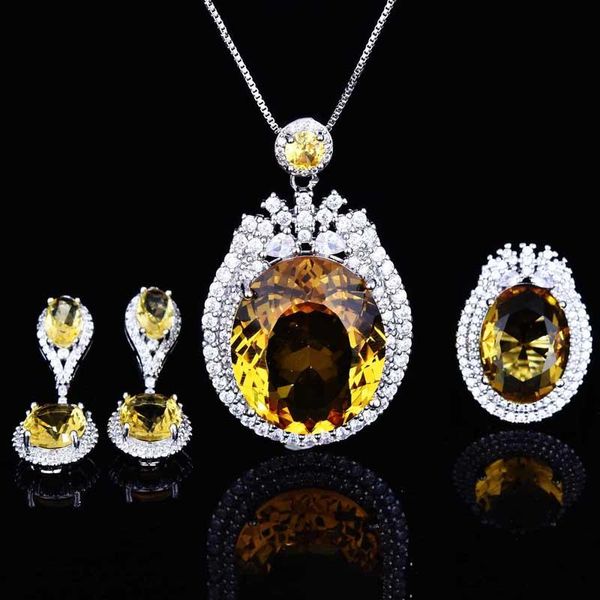 

earrings & necklace fashion geometry pendant exquisite piercing inlay yellow cubic zirconia for women wedding eternal ring, Silver
