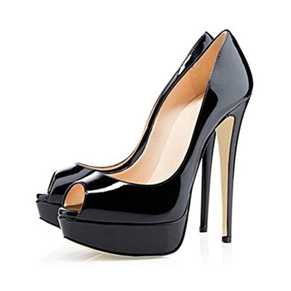 

woman high platform patent leather pumps 14cm heel peep toe shoes dress, Black
