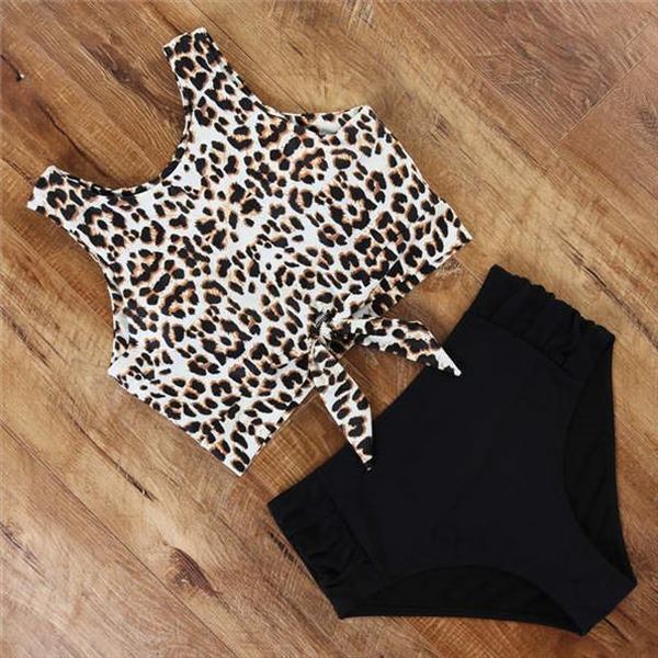 

High Waist Bikini Sexy Womens Swimwears Women Striped Leopard Front Tie Push Up Padded Two Piece Swimsuit Bathing Suit Biquini, White;black