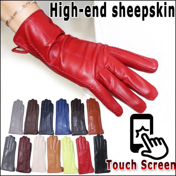 

five fingers gloves women' sheepskin winter warmth plus velvet short thin touch screen driving female color leather high-end style 202, Blue;gray