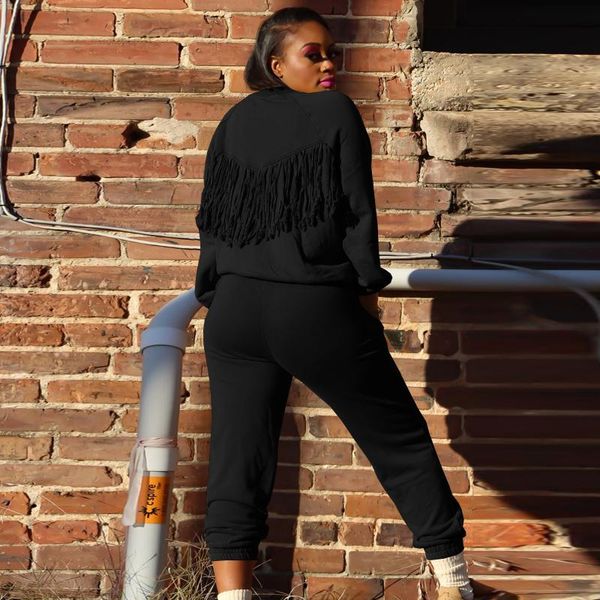 

women's two piece pants 2021 design 2pcs women set spring autumn solid o-neck tassels pencil casual, White