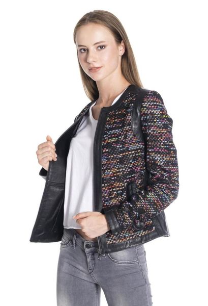 

women's leather & faux women winter jacket genuine real coat lambskin straw knit, Black