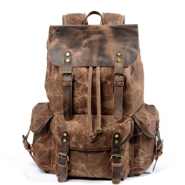 

backpack casual student rucksack retro drawstring men's oil wax canvas bag european and american trend oblique travel