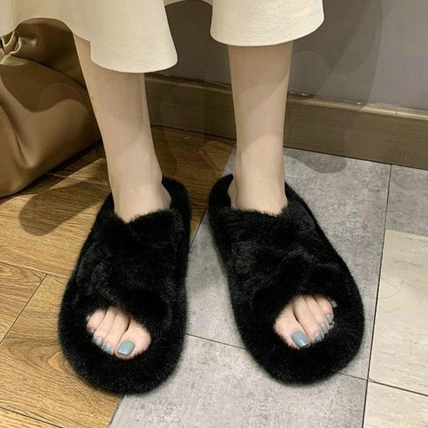 

size 35-40 2021 winter autumn women's lovely slippers flat heels fashion fur shoes woman ladies plush sandals, Black