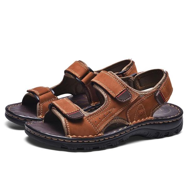 

sandals men genuine leather beach sewing rubber outdoor fashion for, Black