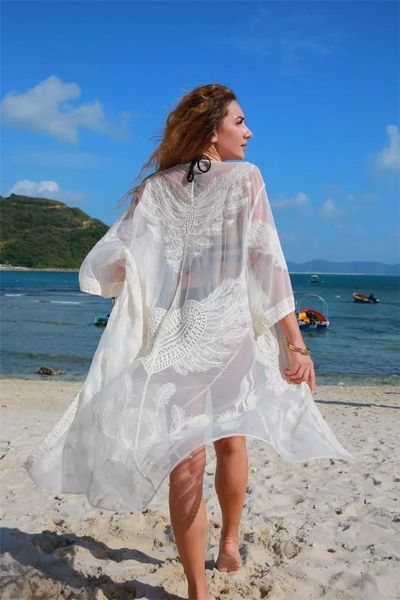 

women's swimwear dress vestidos swimsuit cover sarong kimono mesh embroidery up beach beachwear bathing suit swim ropa de playa sukienk, White;black