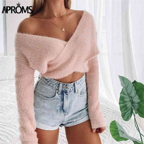 Aproms Rosa flauschige gestrickte Pullover Frauen Herbst Winter V-Ausschnitt Wrap Front Basic abgeschnitten Pullover Mode Oberbekleidung Jumper 210805