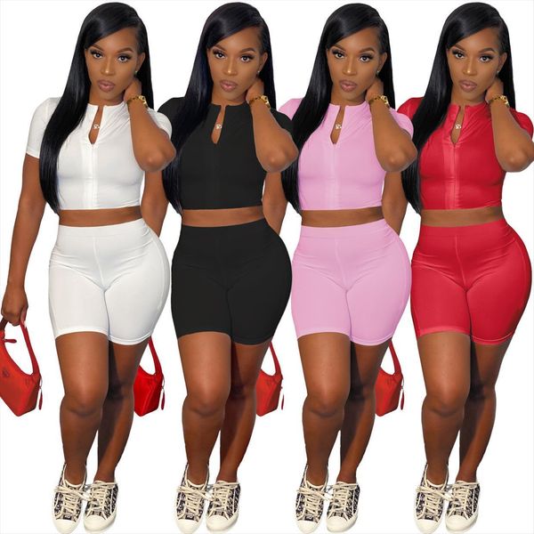 

biker shorts set two piece women tracksuits outfits solid color zipper and skinny summer pants jogging suit, Gray