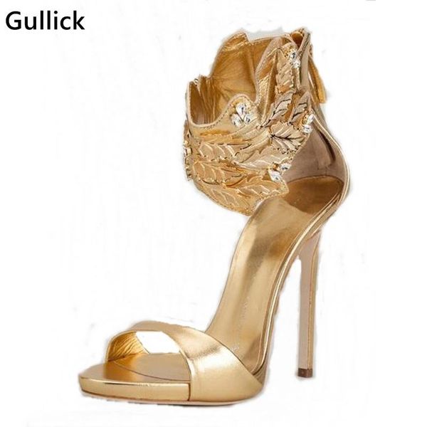 Design deslumbrante e deslumbrante Crystal Golden High Sandals Gold Leaf Back Zip Woman Dress One Front Strapy